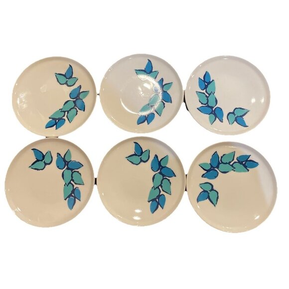 Paul McCobb San Remo Contempri Bread Butter‎ Plates Blue Leaves MCM Set Of 6 - Picture 1 of 4